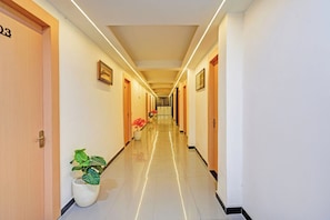 A hotel hallway with doors on both sides, potted plants, and a polished floor.