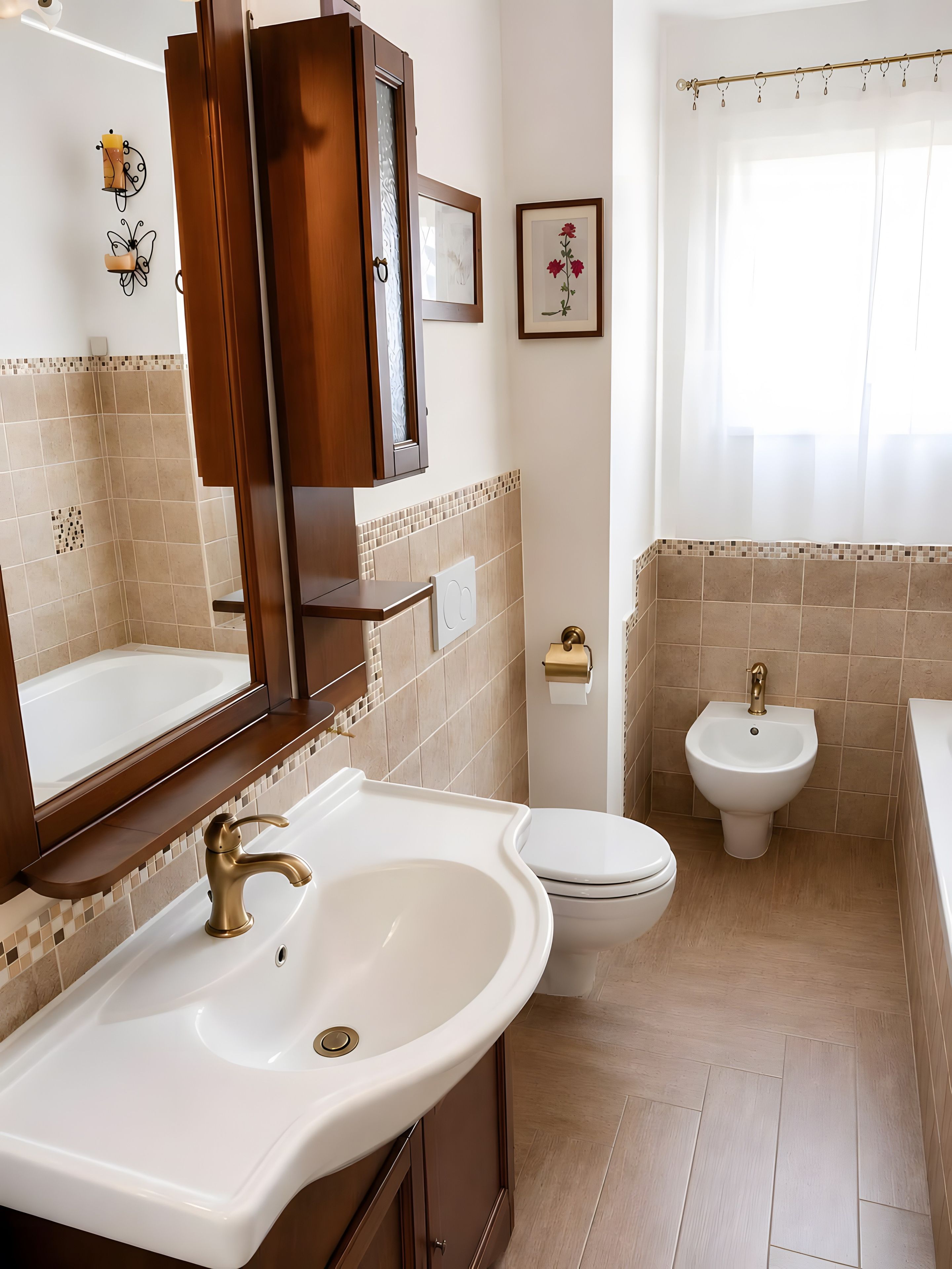 Un bagno con lavandino, WC, bidet e specchio.