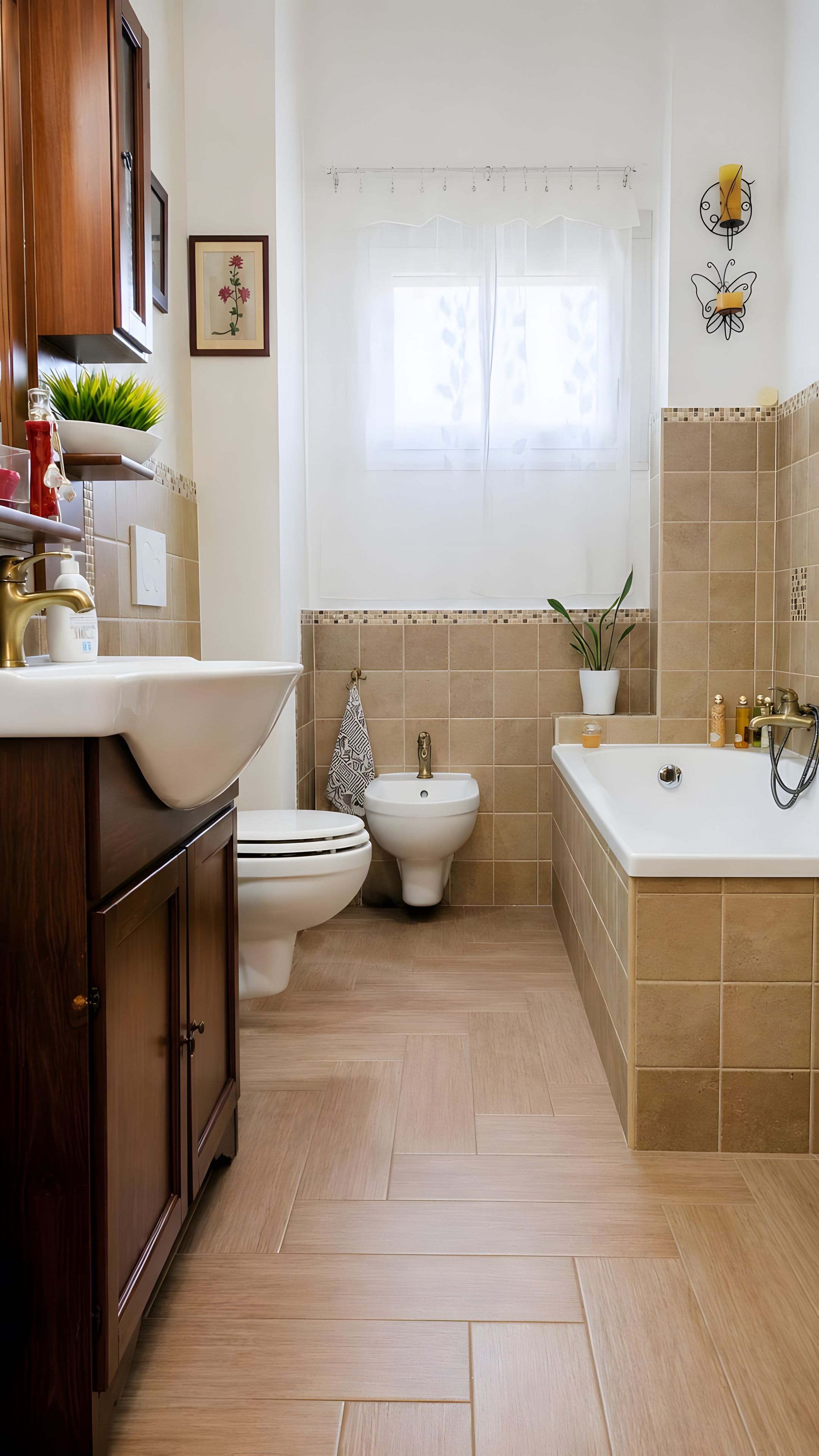 A bathroom with a sink, toilet, bidet, and bathtub. There is a window with a curtain, a potted plant, and a wall-mounted light fixture.