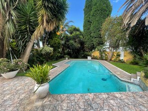 A rectangular swimming pool with a tiled edge, surrounded by a variety of tropical plants and trees. - Charming humble cottage Johannesburg 4 min from Eastgate and very peaceful (Johannesburg)