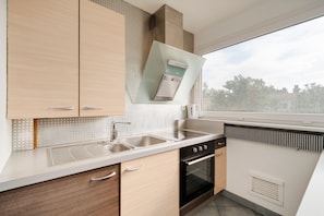 Eine moderne Küche mit integriertem Backofen, doppelter Spüle und einem Fenster mit Blick nach draußen.