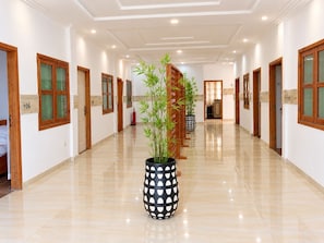 Passadís d'hotel amb terra polita, portes de fusta i una planta de bambú en test.