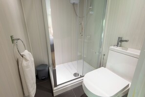 Ein modernes Badezimmer mit einer Duschkabine, einer weißen Toilette und einem Waschbecken.