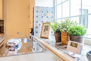 A kitchen with a stainless steel sink, a faucet, a towel, a framed picture, and potted plants. - Toast Stays - Pleasant View House (Crook)