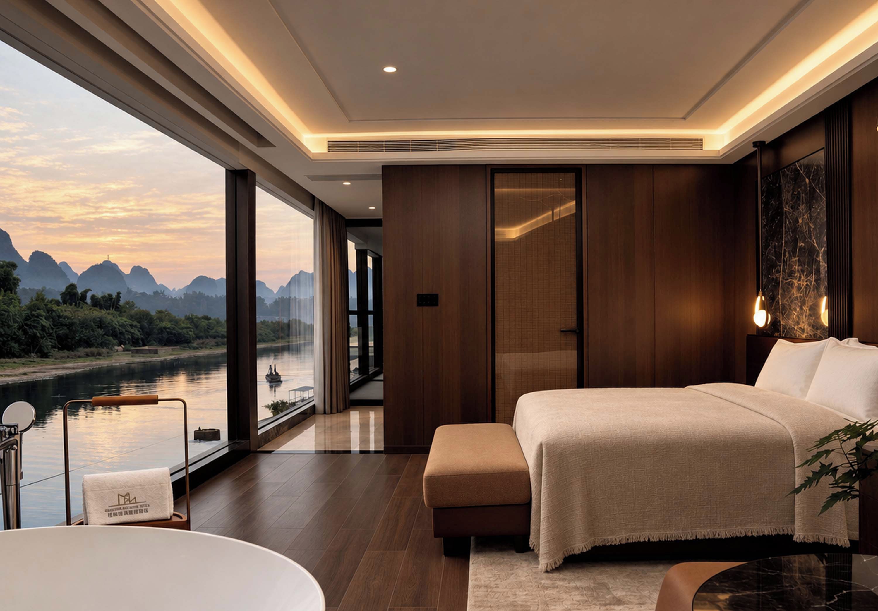 Habitación de hotel moderna con una cama grande, un rincón de descanso y vistas a un río y montañas.