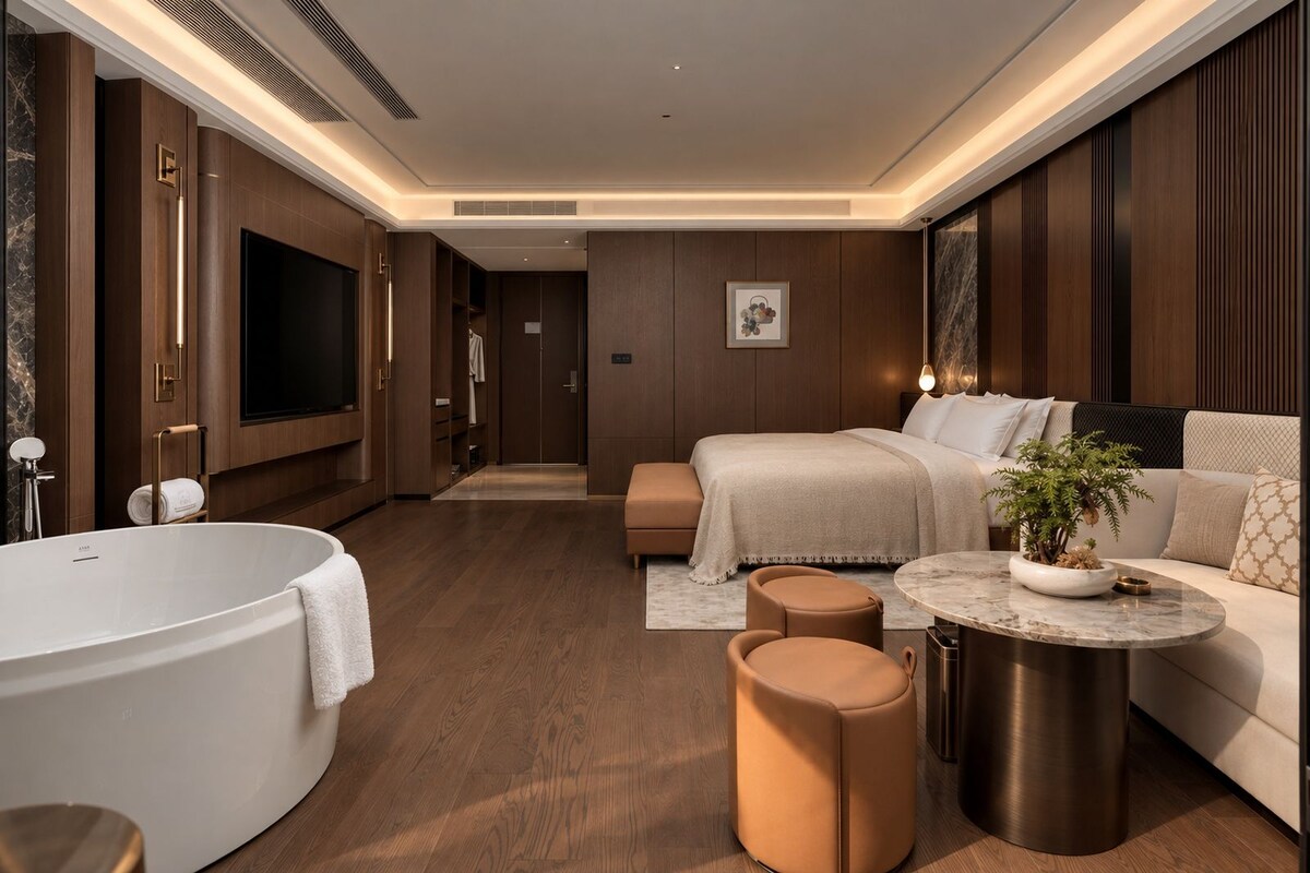 A modern bedroom with a large bathtub, a sofa, a round coffee table, and a plant.