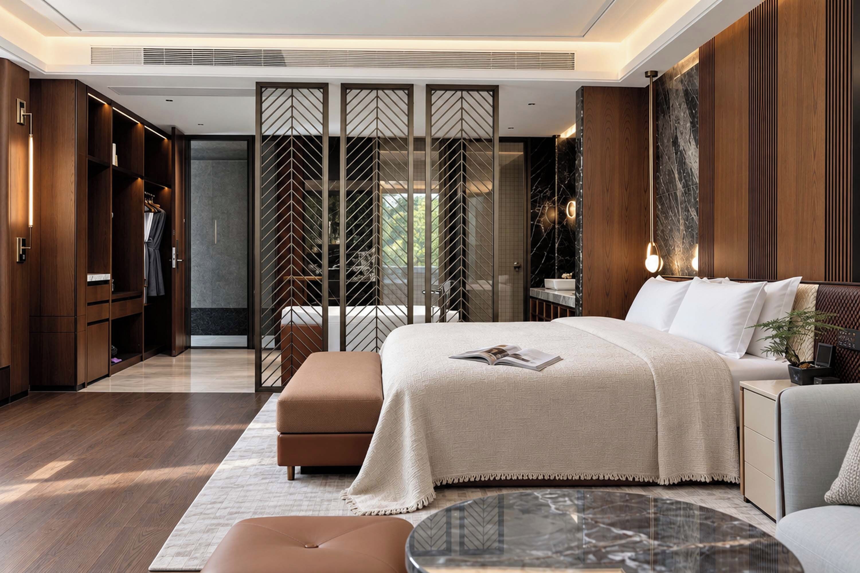 A modern bedroom with a large bed, a nightstand, a seating area, and a walk-in closet.