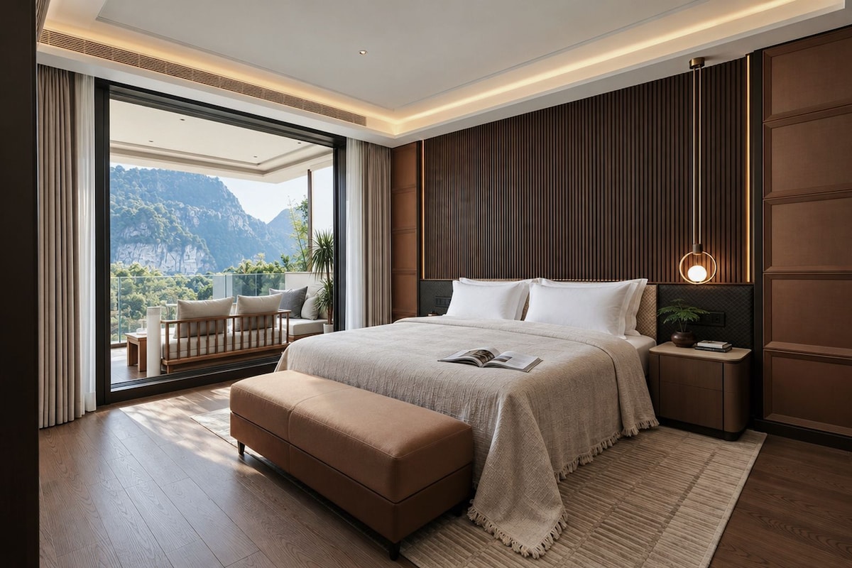 A modern bedroom with a large bed, a nightstand, a reading lamp, and a view of a mountainous landscape through a sliding door.