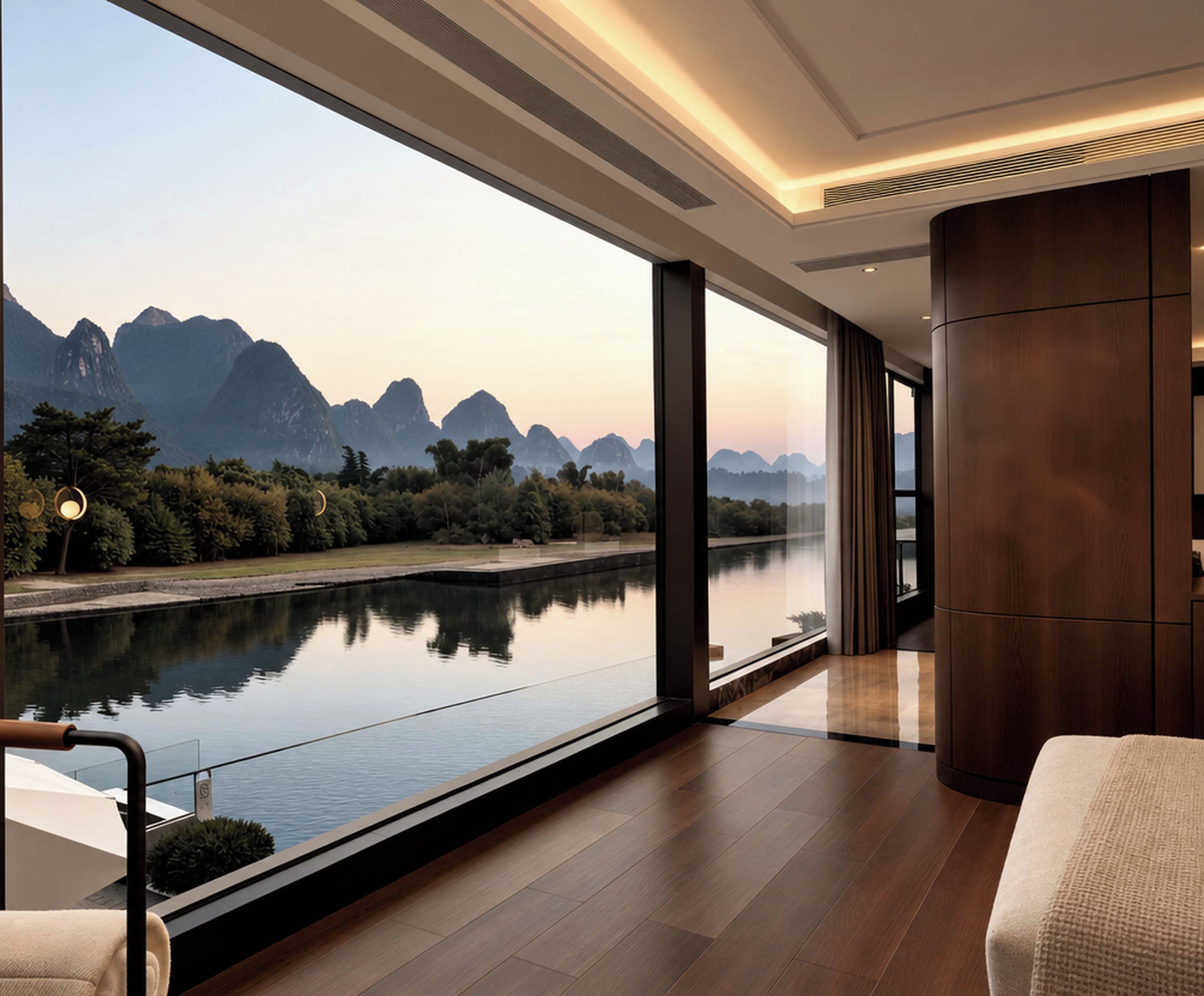 Habitación de hotel moderna con un amplio ventanal que ofrece vistas a un río tranquilo y montañas.