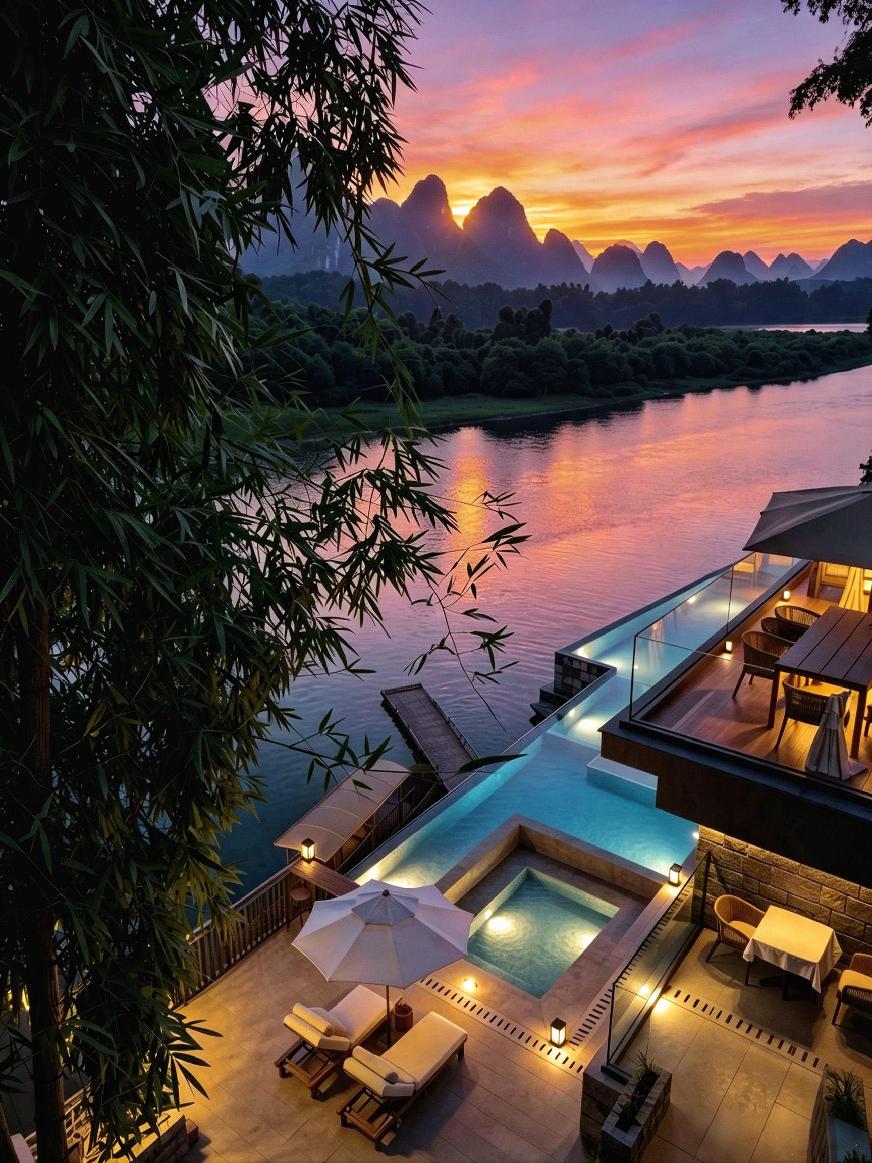 Un área de piscina exterior lujosa con vistas a montañas y al atardecer.