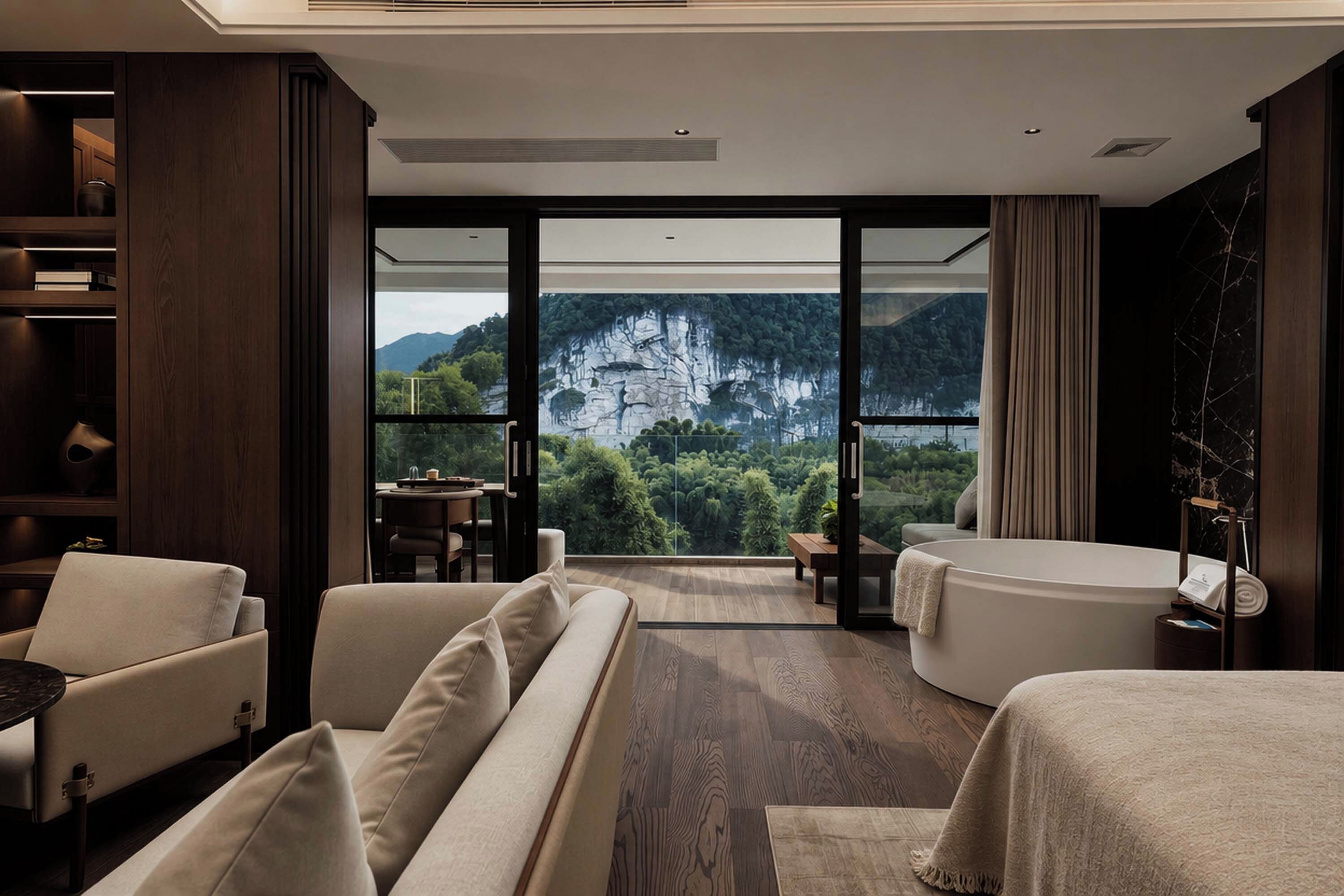 Una habitación de hotel moderna con un amplio ventanal corredero que da a un balcón con vistas a la montaña.