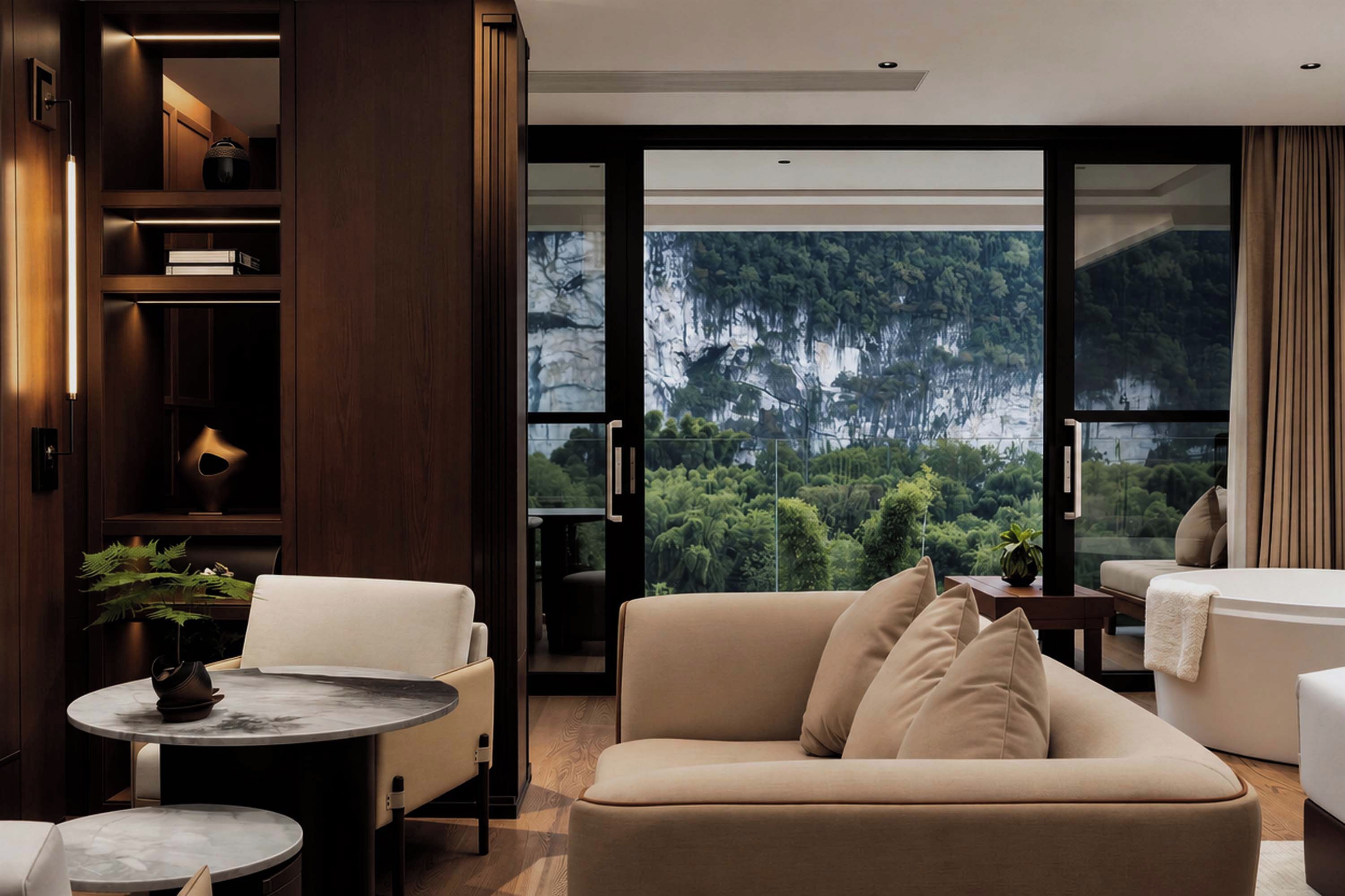 A modern living room with a sofa, armchairs, a small round table, and a large window offering a view of a forested mountain.