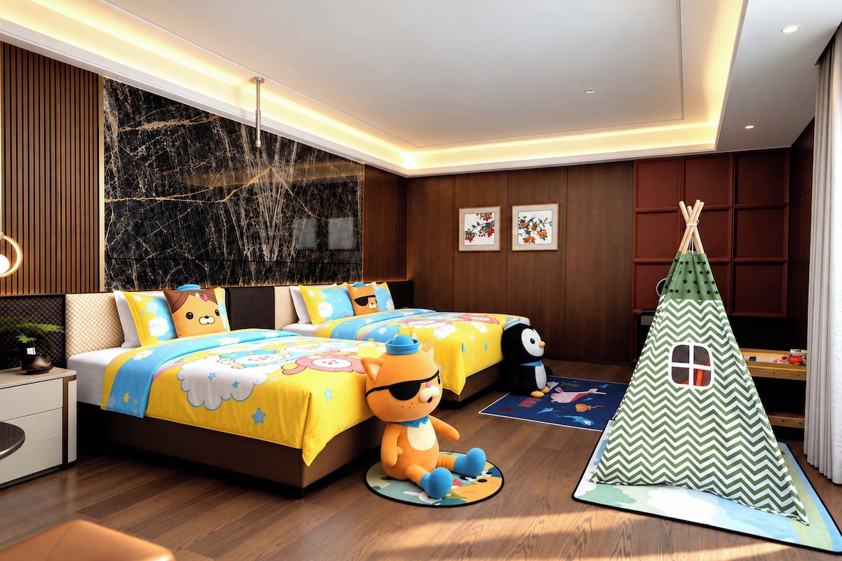 A modern bedroom with two beds, a large mirror, and a decorative wall panel.