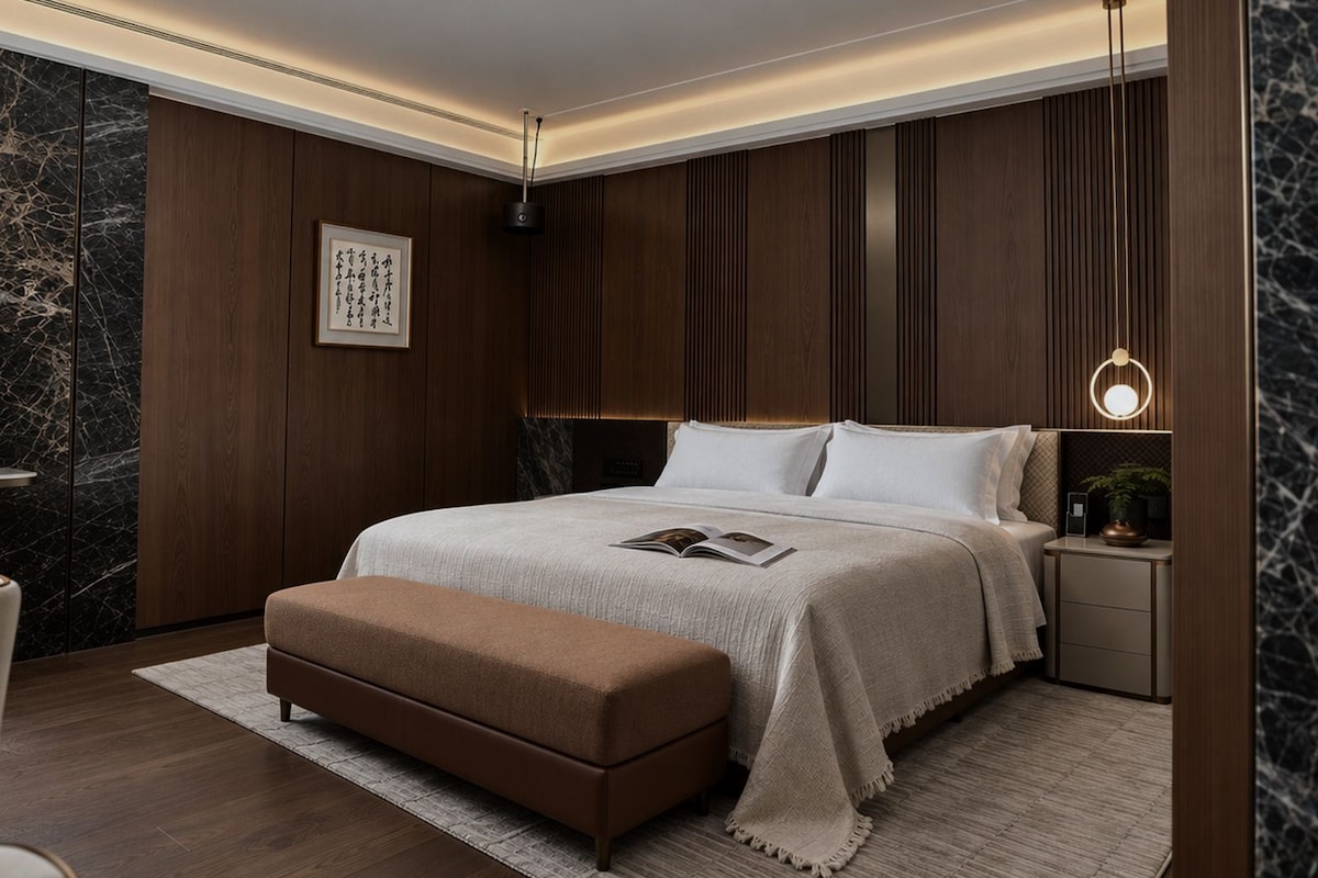 A modern bedroom with a large bed, a bedside table, a reading lamp, and a decorative wall piece.