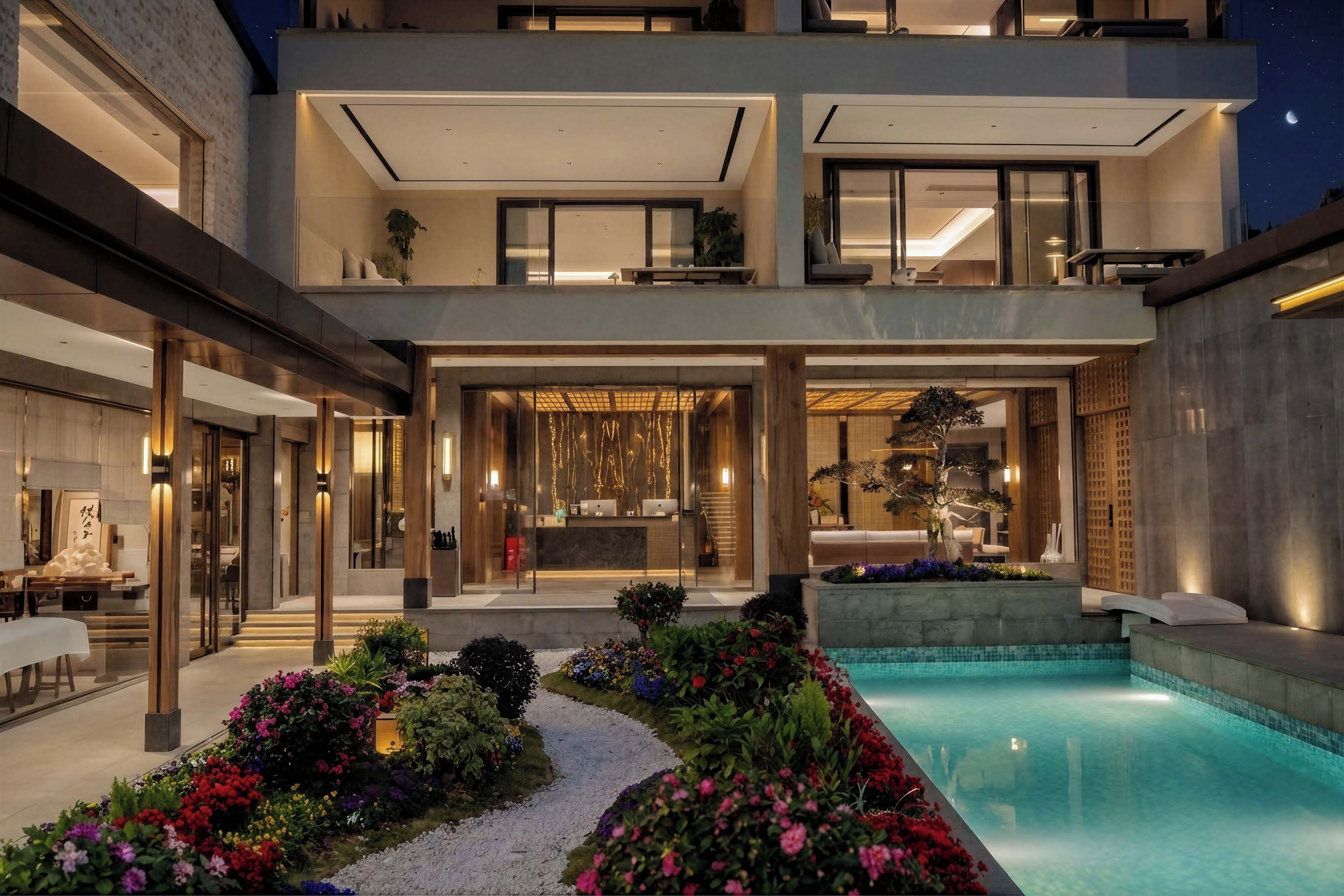 A modern two-story building with a swimming pool, outdoor seating, and a reception area.