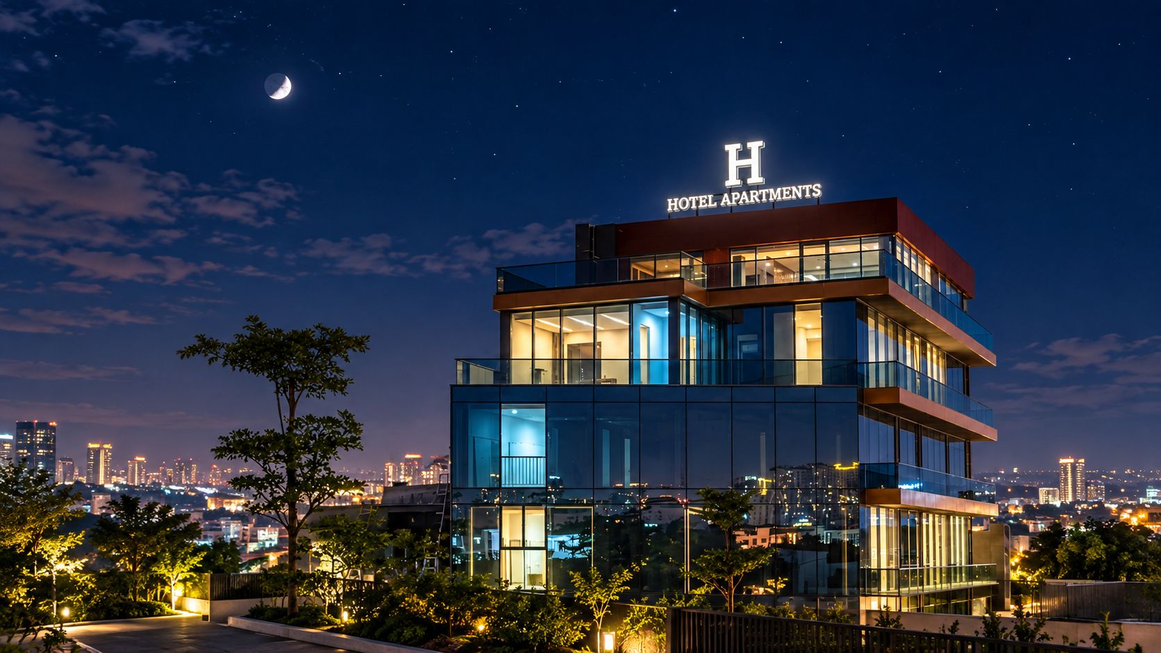 A modern hotel building with a prominent 'H' sign, multiple floors, and large windows.