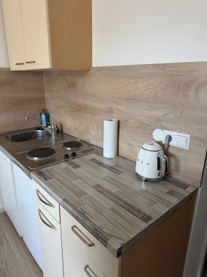 A kitchenette with a stainless steel sink, a kettle, and a roll of paper towels. - STAY | Smart Studio, Parkplatz, Bodensee (Friedrichshafen)
