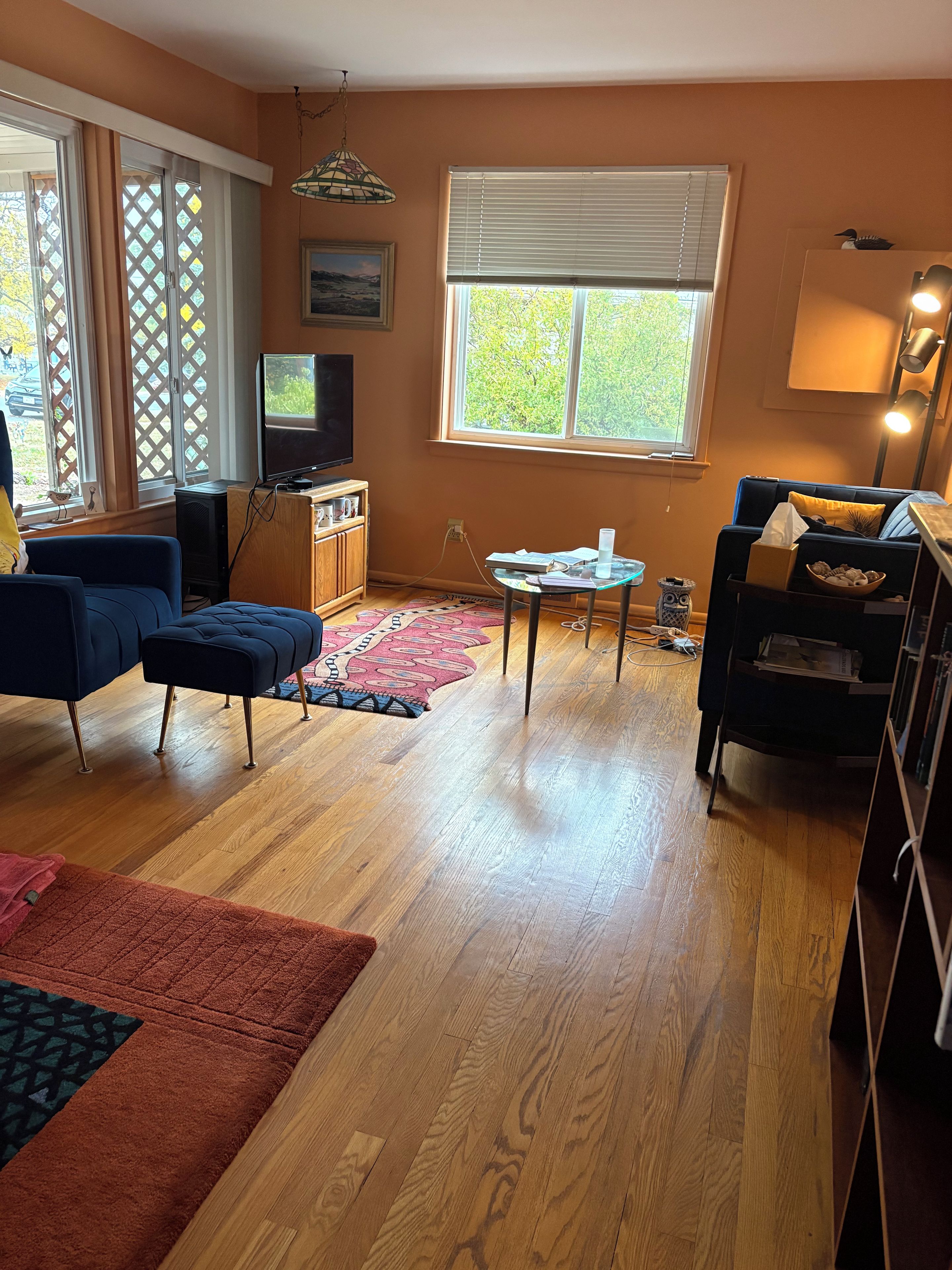 A living room with a television, sofa, and a window with blinds.