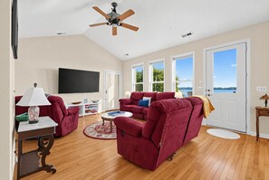 Living Room | Smart TV | Lake Views - Waterfront Sneads Ferry Retreat w Deck & Bar! (Sneads Ferry)