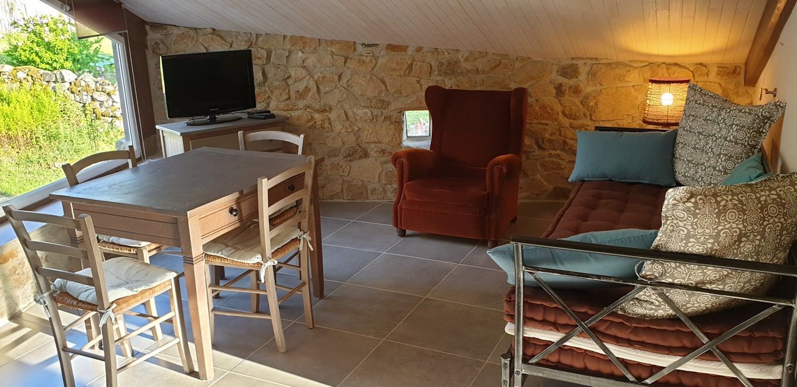 Une pièce chaleureuse avec un mur en pierre, une table à manger en bois avec des chaises, un fauteuil rouge, un canapé avec des coussins à motifs et un téléviseur posé sur un meuble.