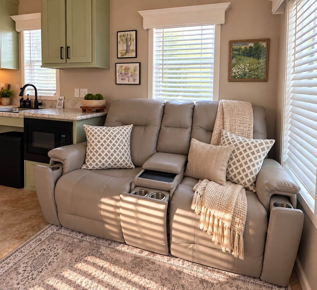 A beige leather sofa with storage compartments, a patterned throw blanket, and a decorative pillow.