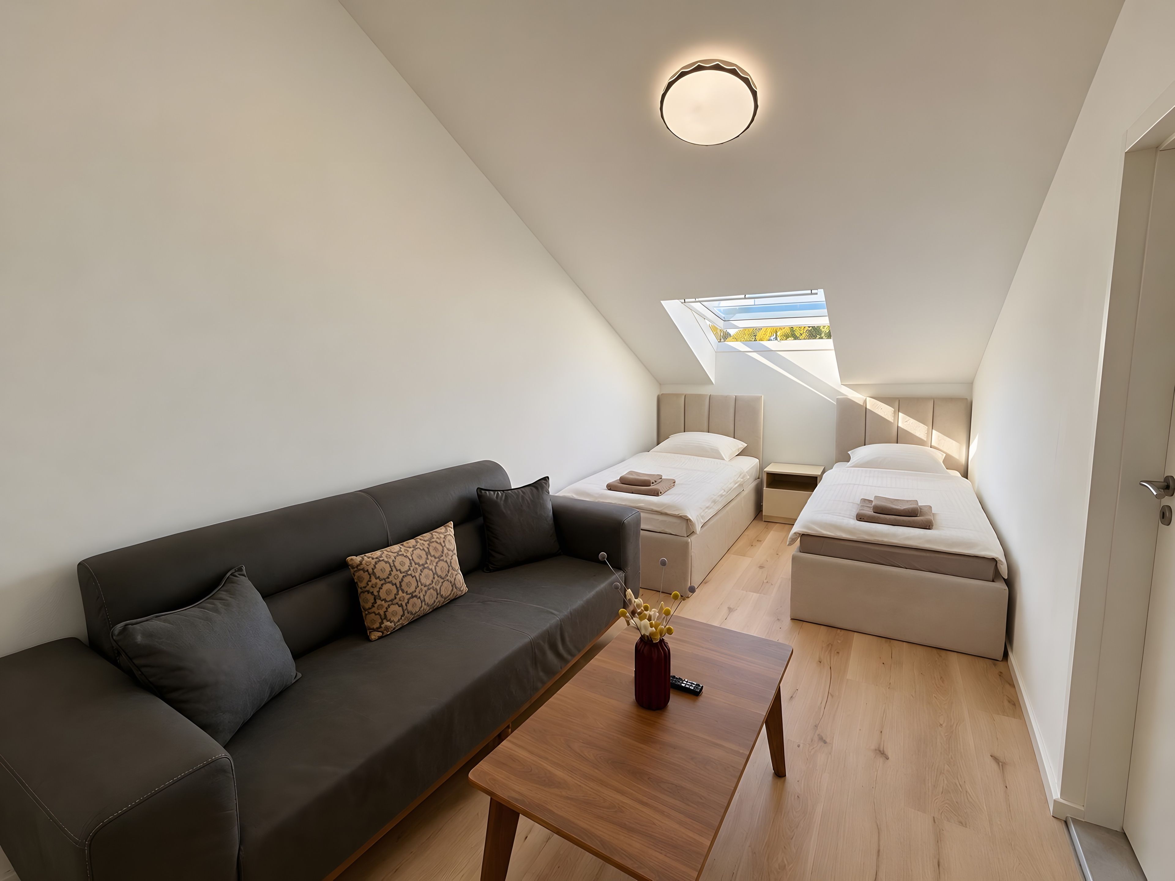 Ein modernes, kompaktes Wohnzimmer mit einer Couch, einem Couchtisch und einem Bett mit Oberlicht.
