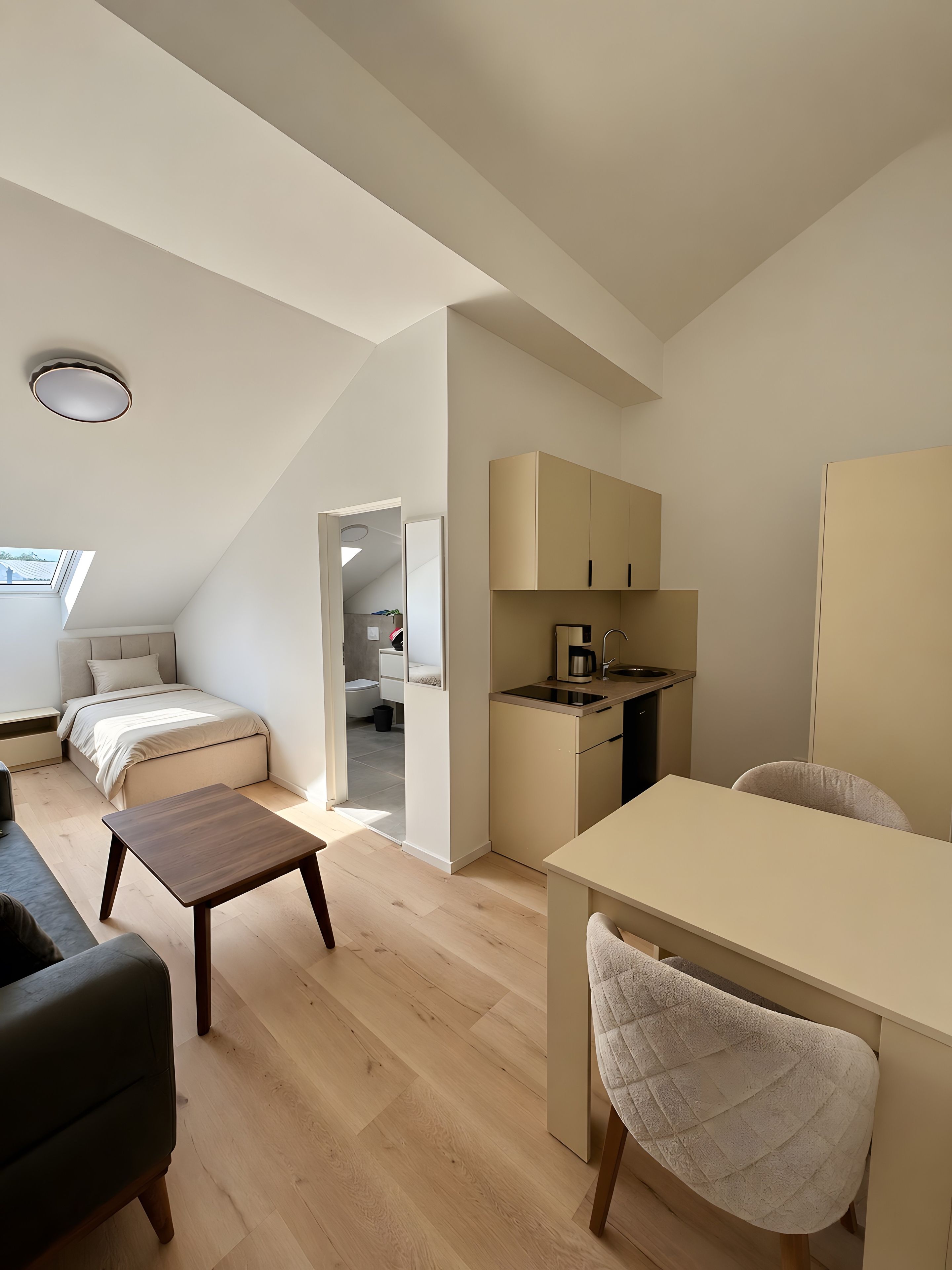 Un espace de vie compact comprenant une chambre en mezzanine, une kitchenette et un coin repas.