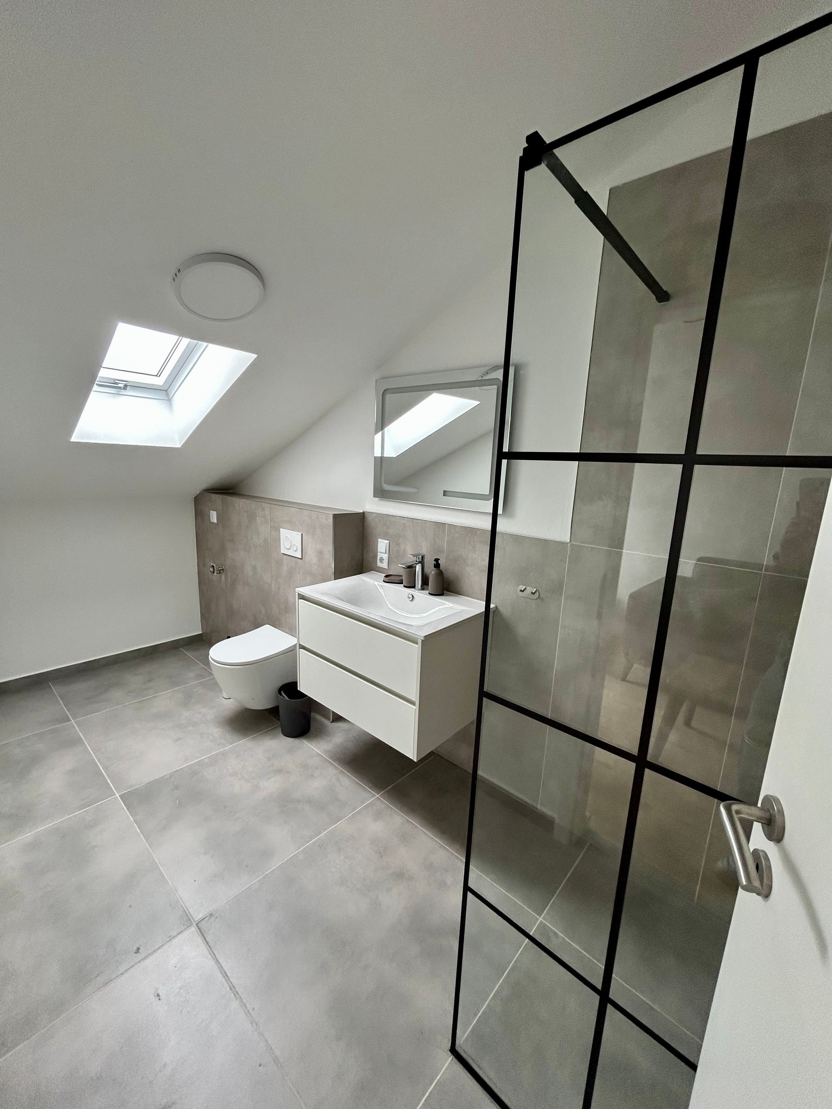Une salle de bain moderne dotée d’un puits de lumière, de toilettes, d’un meuble-lavabo avec un miroir et d’une cabine de douche en verre.
