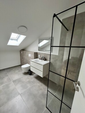 Une salle de bain moderne dotée d’un puits de lumière, de toilettes, d’un meuble-lavabo avec un miroir et d’une cabine de douche en verre.
