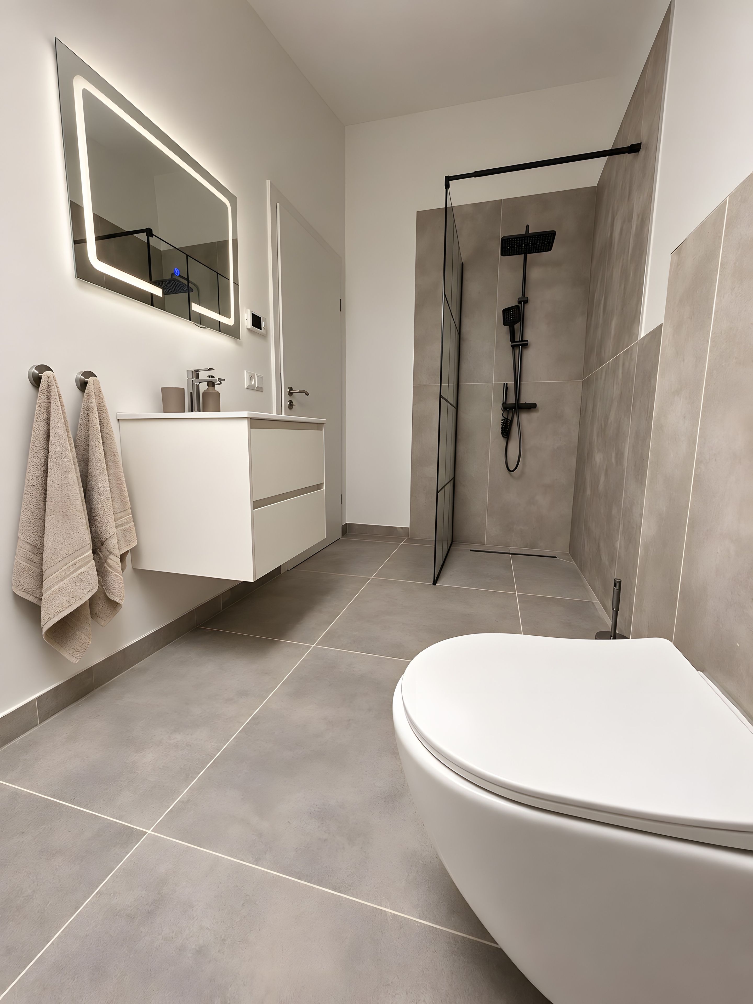 Une salle de bain moderne avec une baignoire sur pieds, un meuble-lavabo avec miroir et un espace douche.