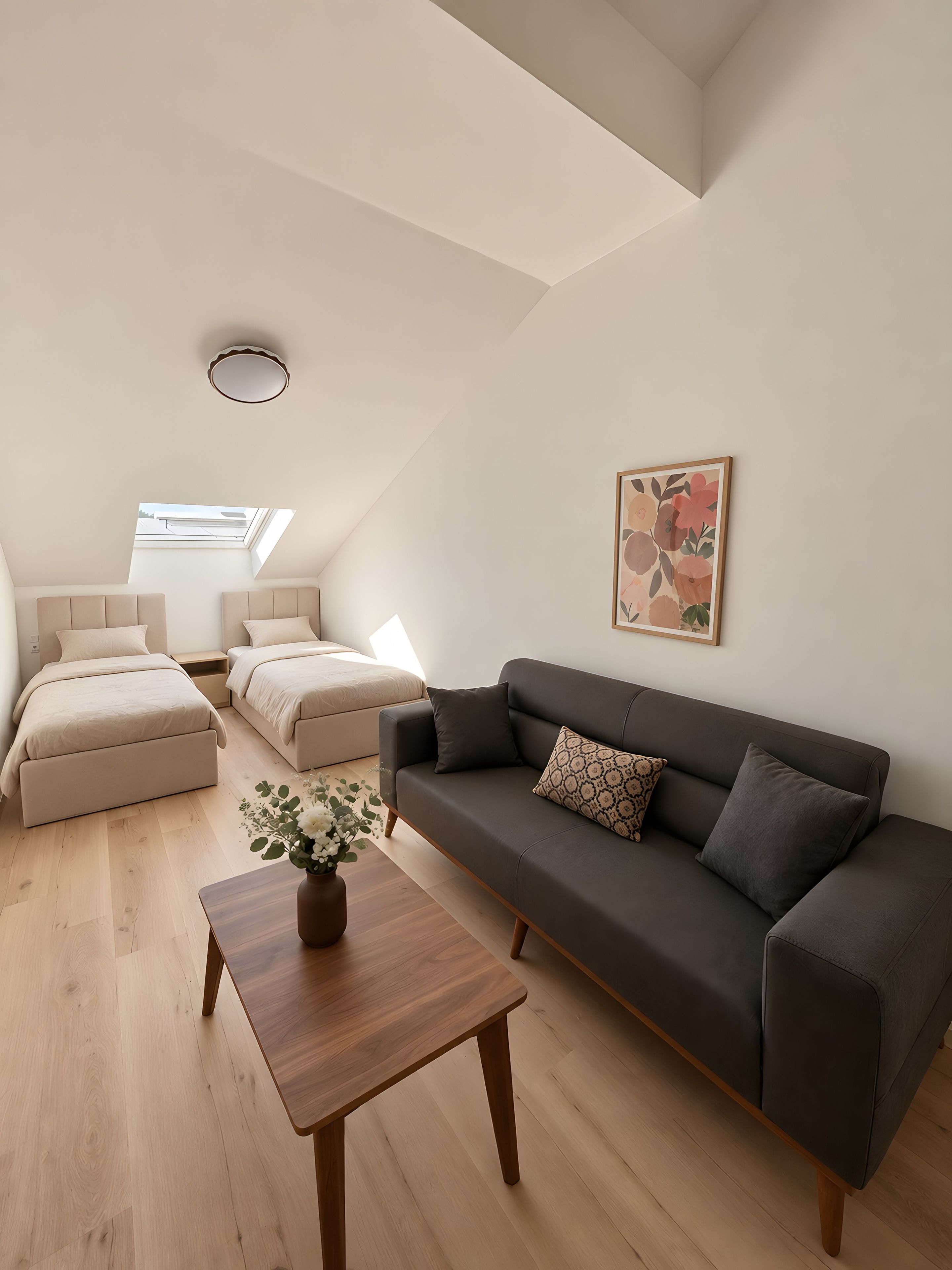 Un salon moderne avec un canapé, une table basse et un lit situé sous une lucarne.