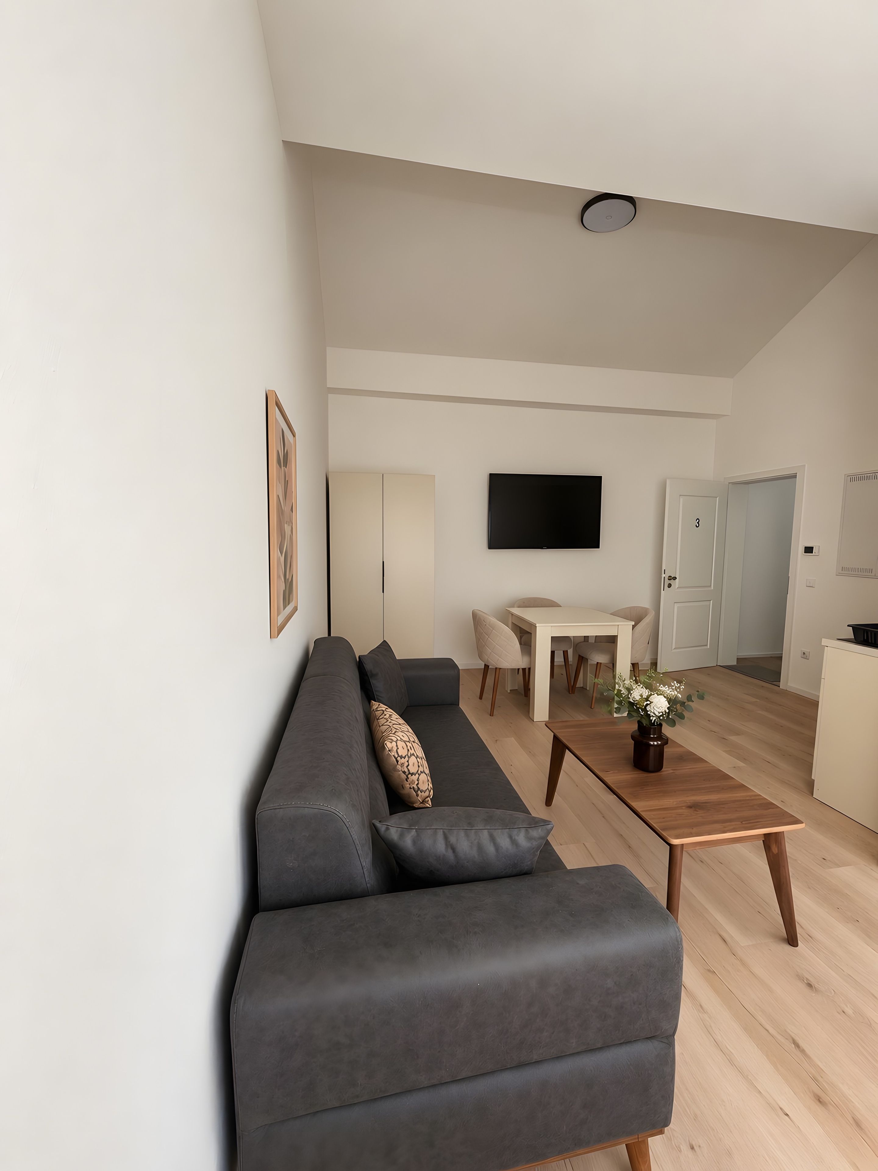 Un salon moderne avec un canapé gris, une table basse en bois et un téléviseur à écran plat fixé au mur.