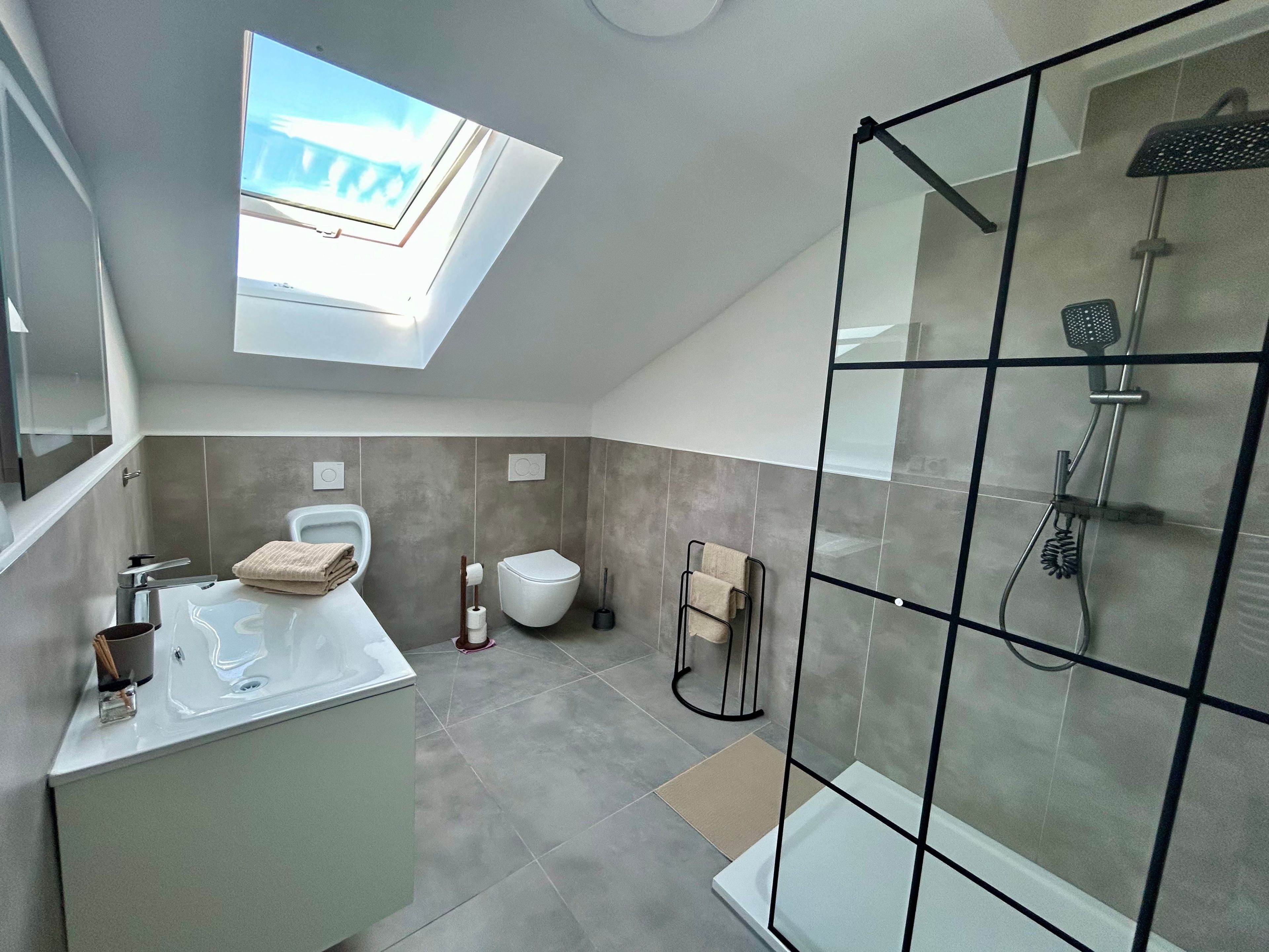 Ein modernes Badezimmer mit Dachfenster, einer Glaskabine zur Dusche und einem weißen Waschbecken.