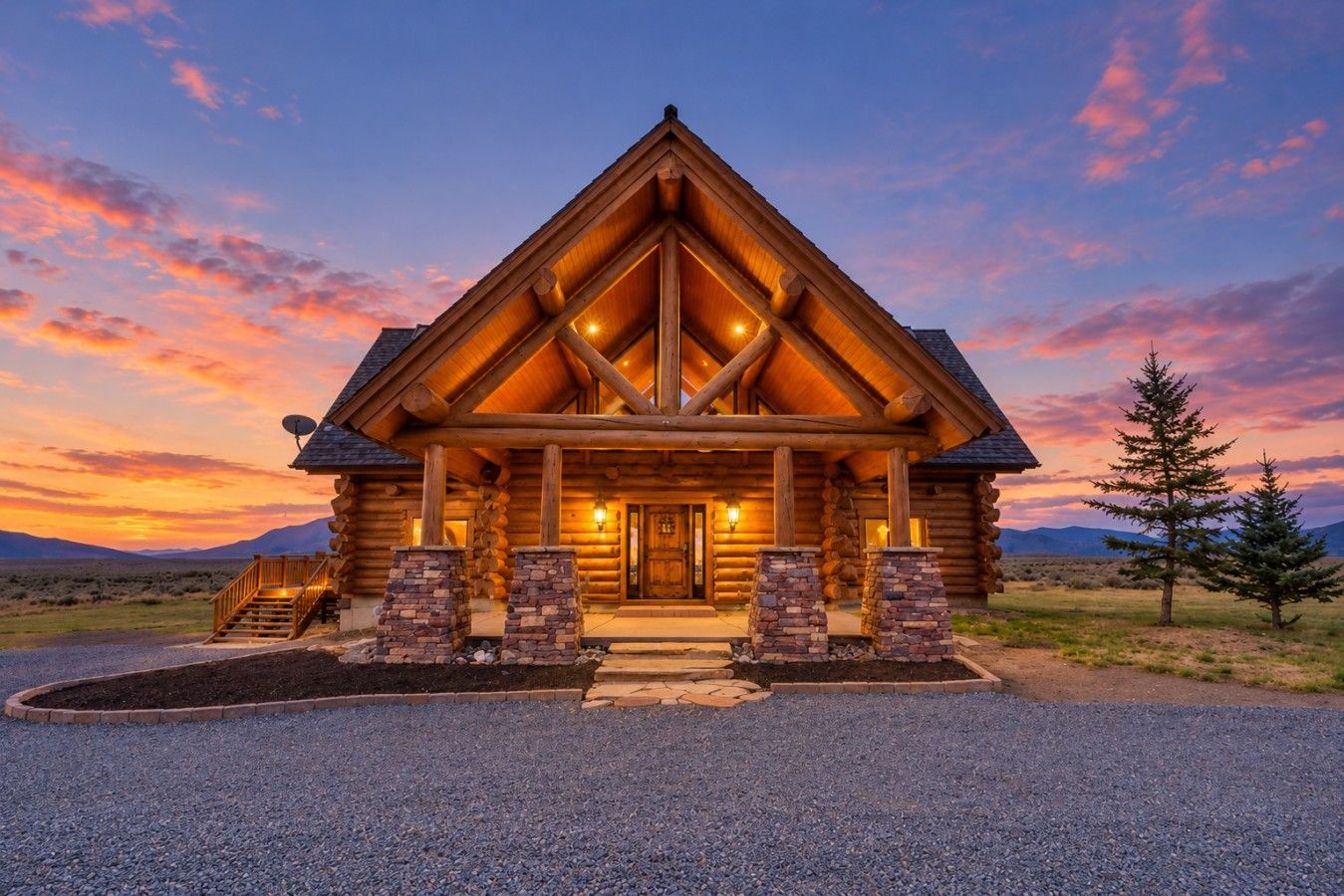 A log cabin with a prominent front porch, a stone foundation, and a mountainous backdrop.