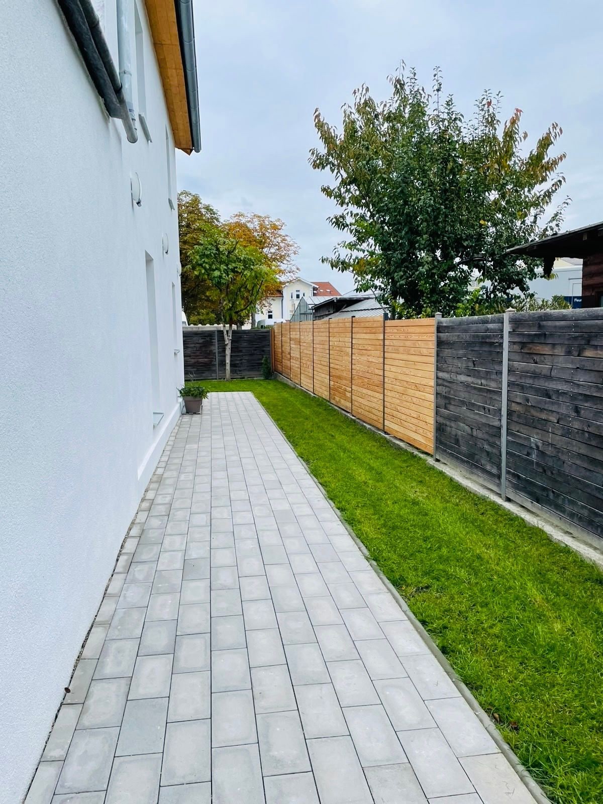 Un sendero pavimentado que conduce a una zona verde con una valla de madera y un árbol.