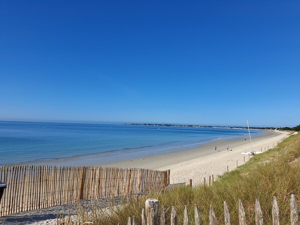 A beach with a wooden fence and a clear blue sky.