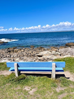 Un banc placé au bord d’une côte rocheuse, avec vue sur l’océan.