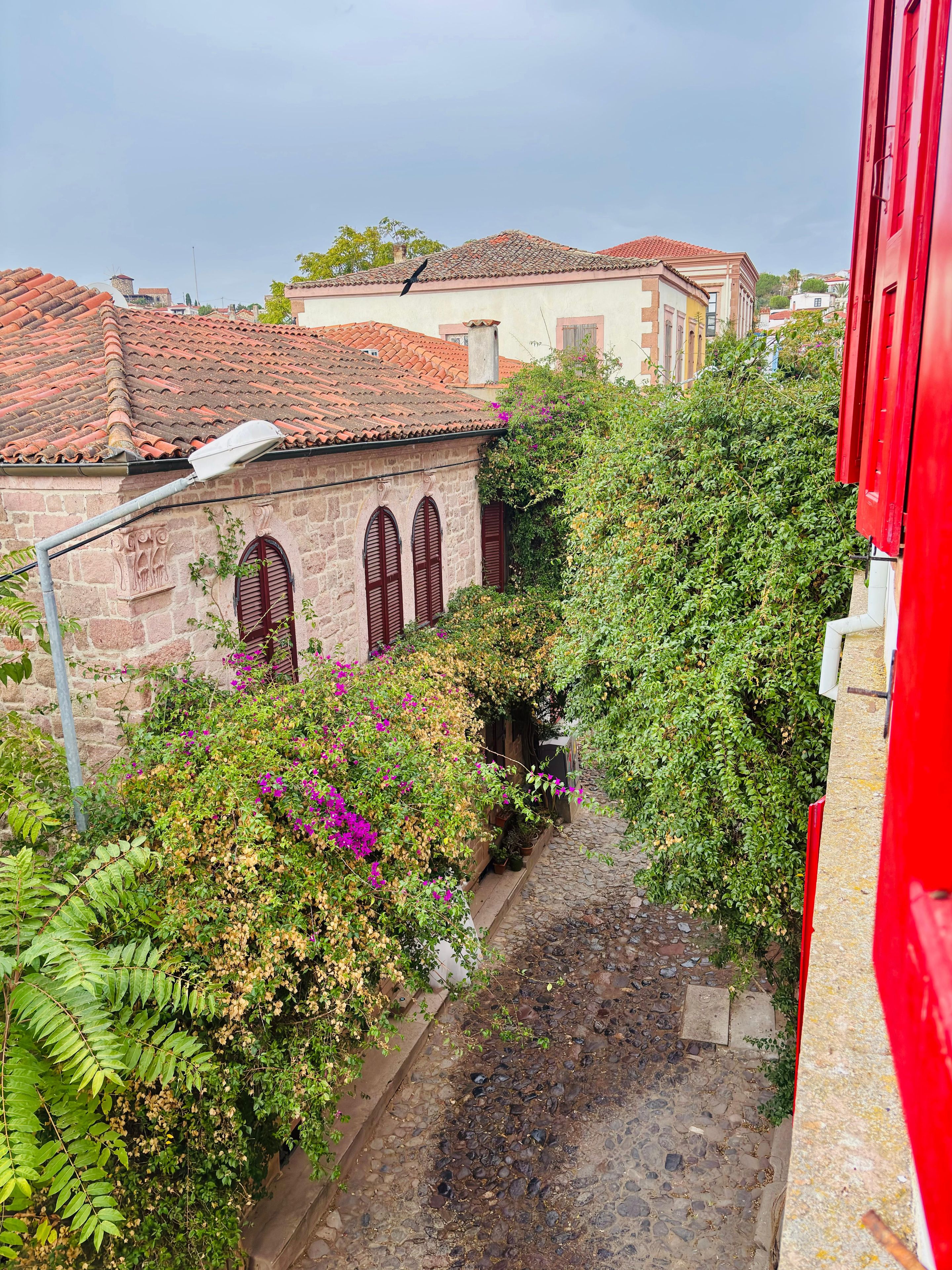 A narrow stone pathway flanked by lush greenery and traditional buildings with red-tiled roofs.