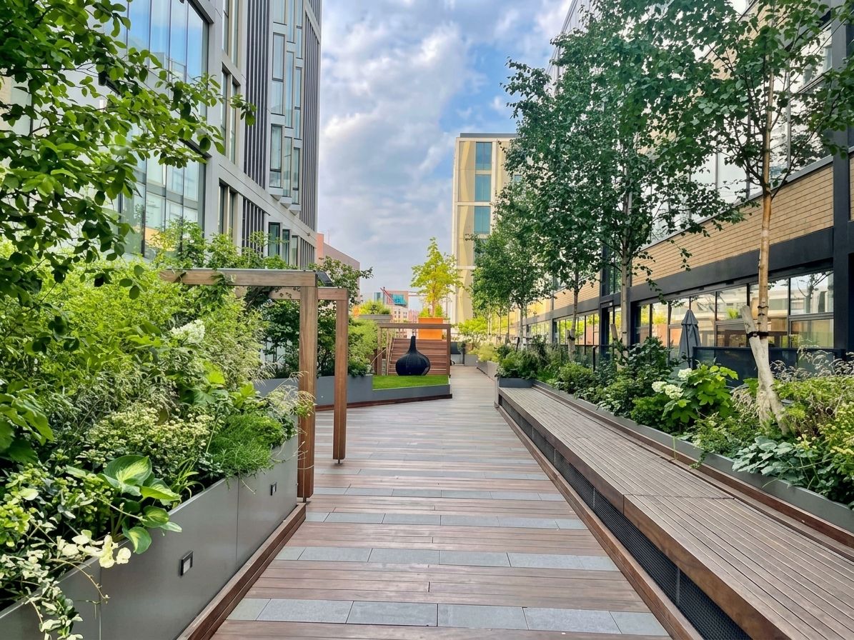 A pathway flanked by greenery and modern buildings, leading to a seating area with a view of the sky.