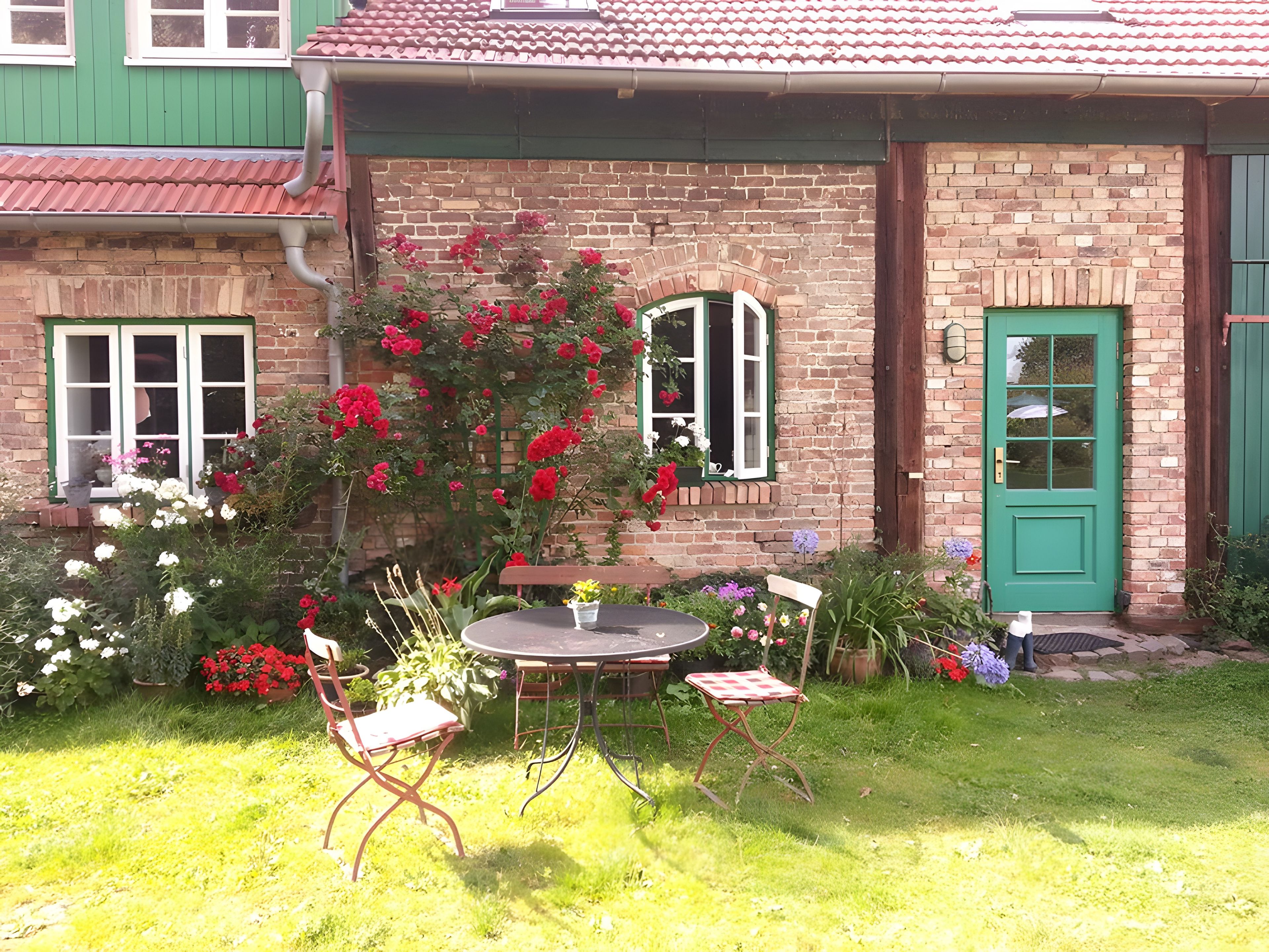 A brick house with a green door, a small garden with flowers, and a round table with chairs.
