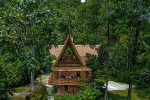 Une maison traditionnelle à toit de chaume, entourée d’une végétation luxuriante.