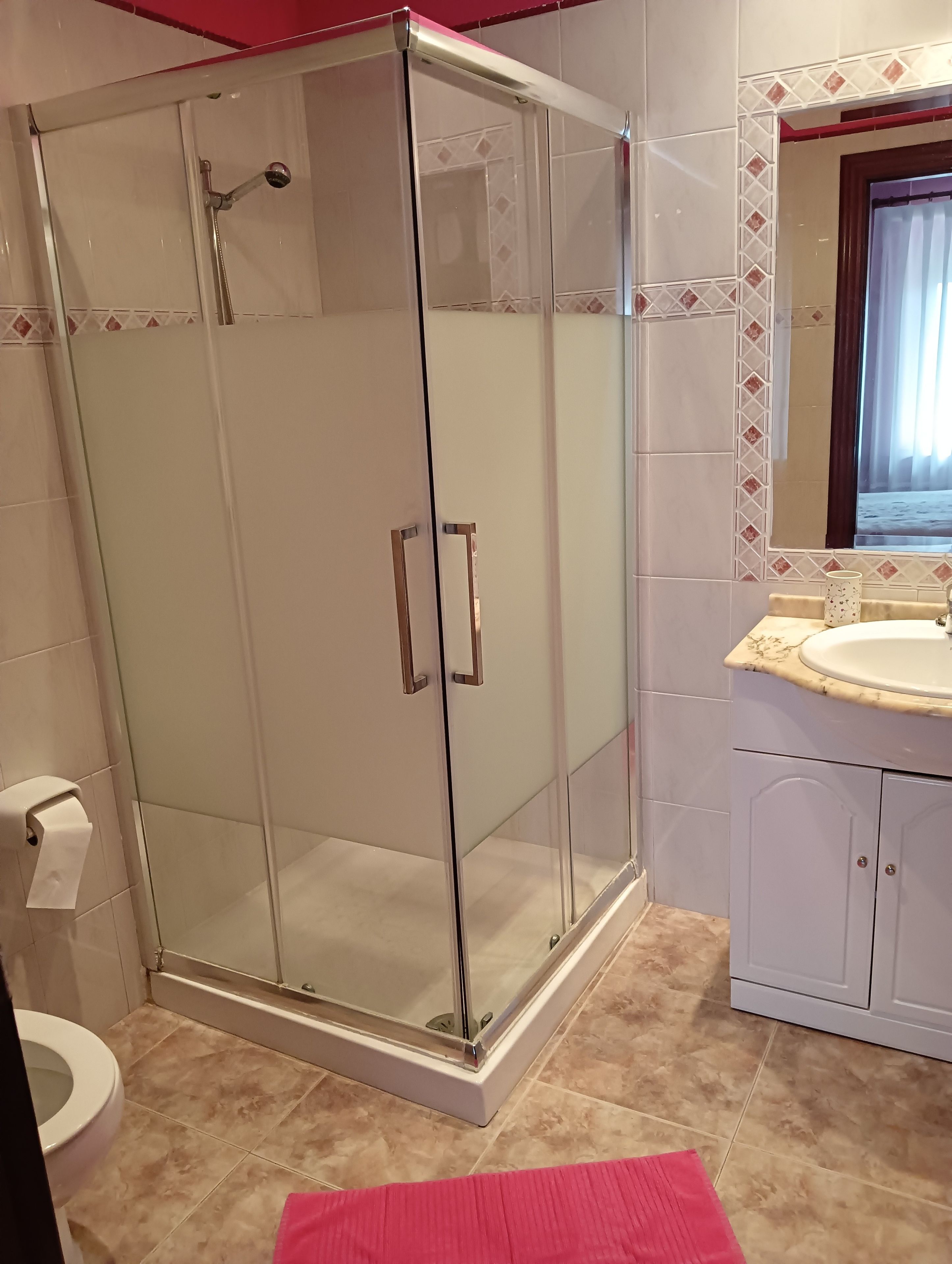 Un baño con ducha de vidrio, inodoro y lavamanos con espejo.