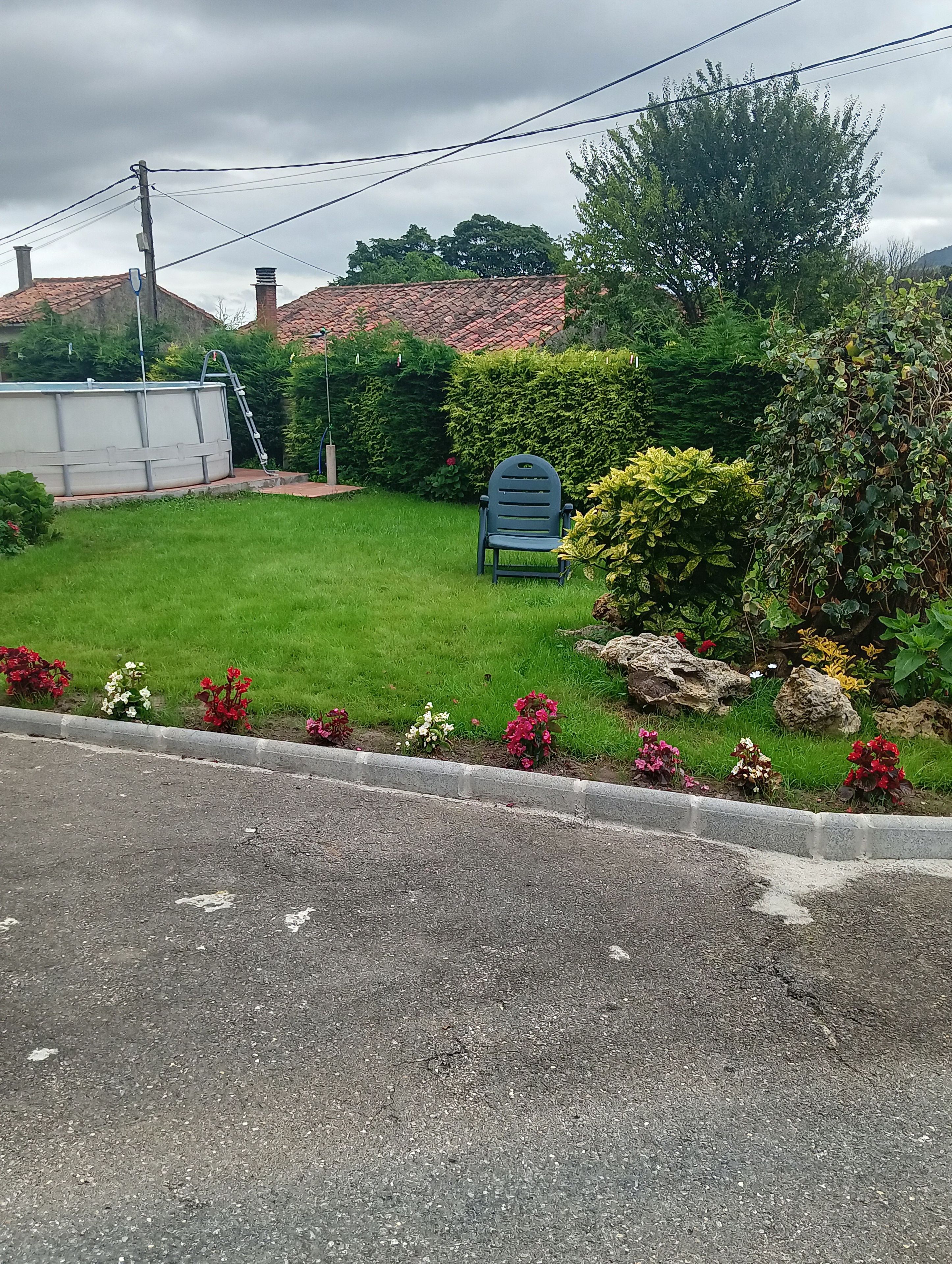 Un jardín residencial con un buzón, césped y seto.