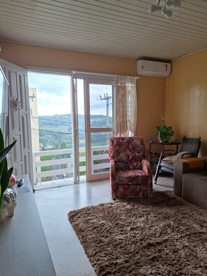 A room with a sofa, a chair, a small table with a plant, and a view of the outdoors through a sliding door. - New Listing (Bento Gonçalves)