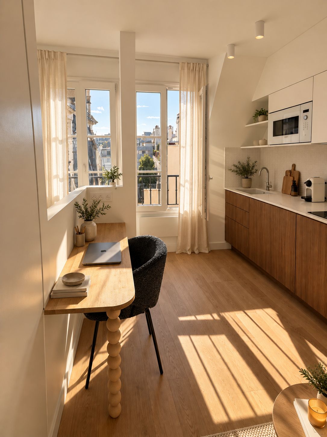 Eine moderne Küche mit einem Holztisch, einem Laptop und einem Stuhl. Es gibt Fenster mit Vorhängen, einen Blick auf umliegende Gebäude und eine Mikrowelle auf der Arbeitsfläche.