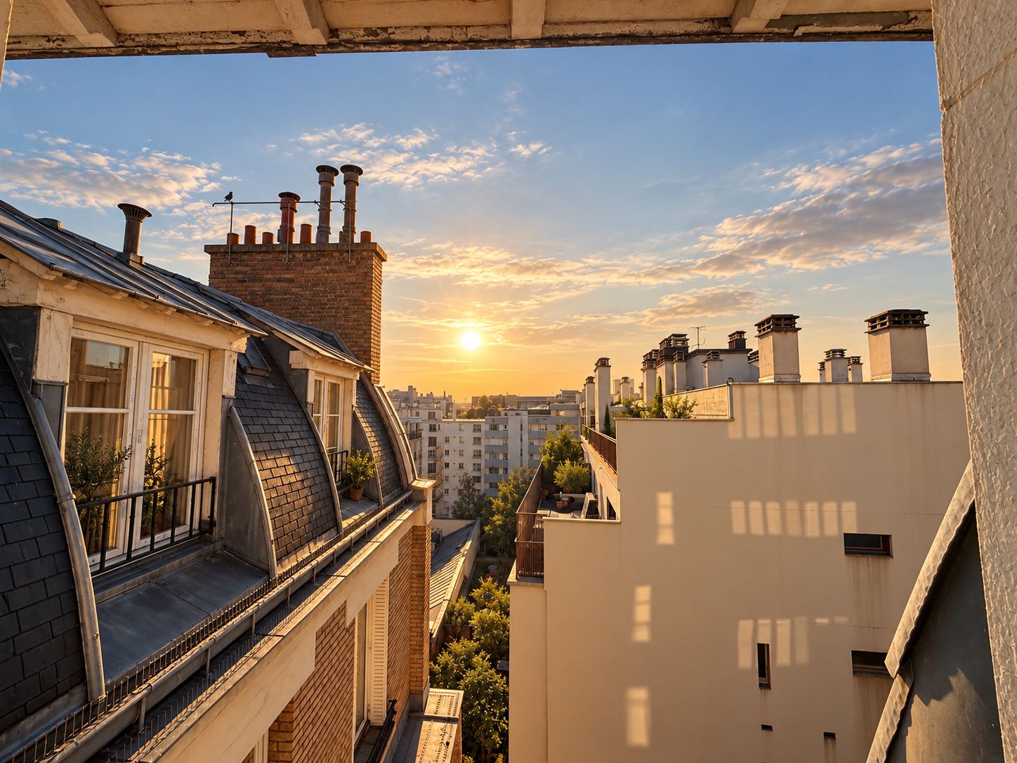 Un immeuble résidentiel doté d’un toit en pente, d’une cheminée visible et d’un balcon avec une balustrade.