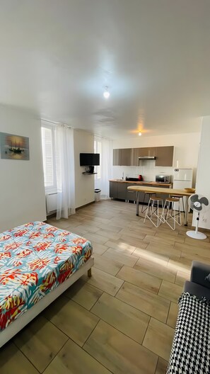 A room with a bed, a desk, a chair, a TV, a kitchen area, and a fan. - Apartment 'Studio Dans Le Centre De Marseille' with Wi-Fi and Air Conditioning (Marseille)