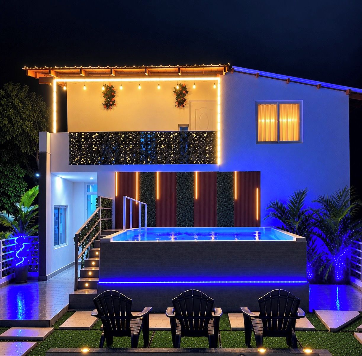 Une maison moderne dotée d’une piscine, d’un espace salon extérieur et d’un éclairage décoratif.