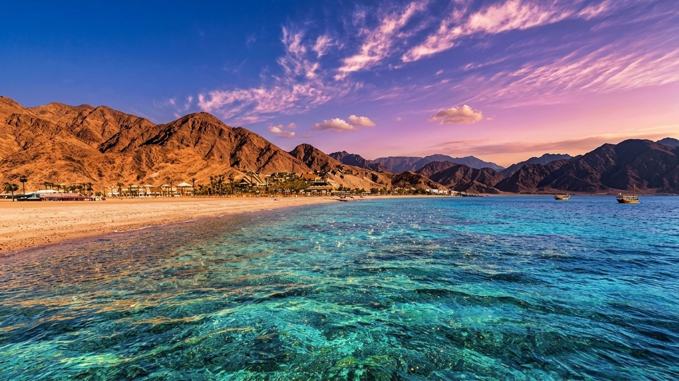 A coastal landscape with clear turquoise waters, a sandy beach, and mountainous terrain in the background.