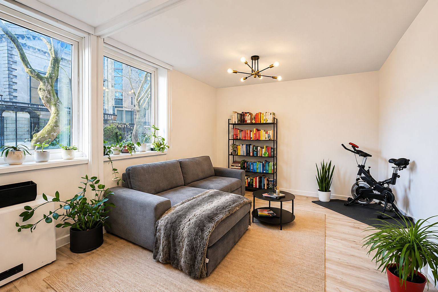 A modern living room with a grey sofa, a bookshelf, a ceiling light fixture, and a stationary exercise bike.